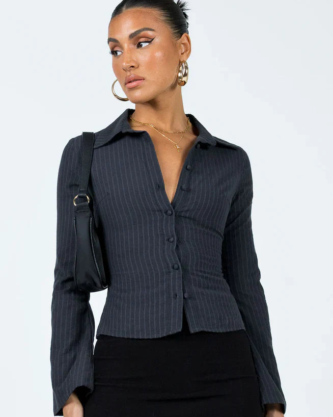 Camille | Blouse Dame Élégante à Rayures avec Manches Évasées pour Femmes 2