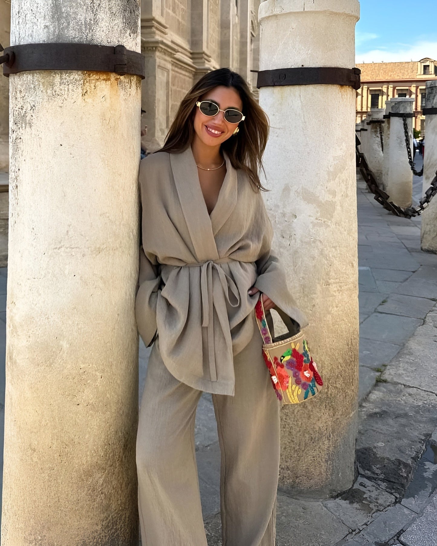 Clara | Ensemble Kimono Ceinturé et Pantalon Large en Lin pour Femmes 0