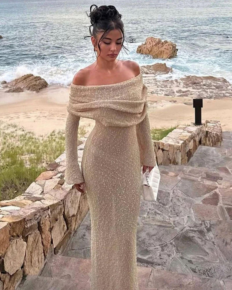 Clara | Robe Maxi Off Shoulder Élégante en Tissu Bouclé pour Femmes 0